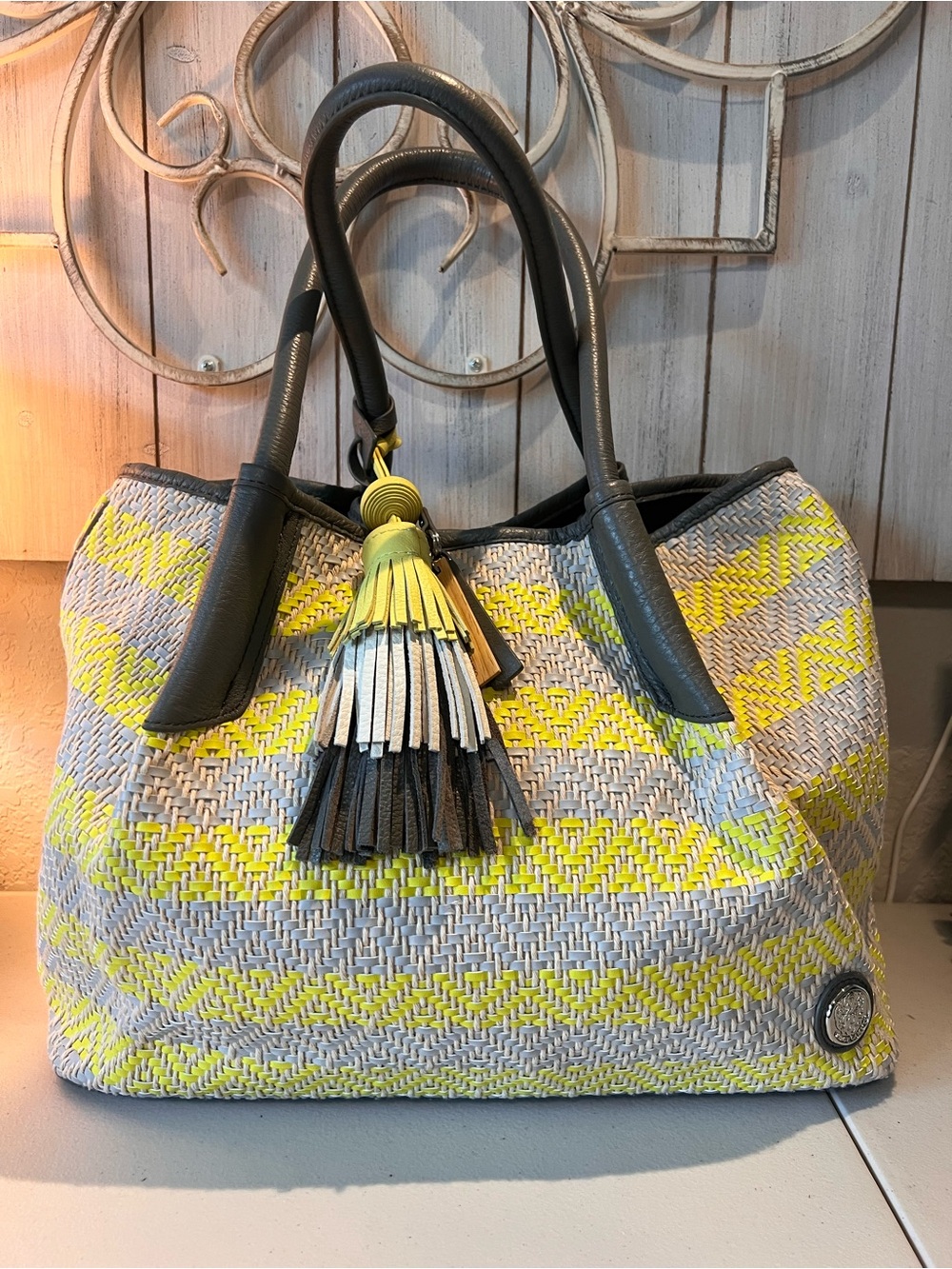 Vince Camuto Harlo Striped Neon Yellow, Light Gray, and Dark Gray